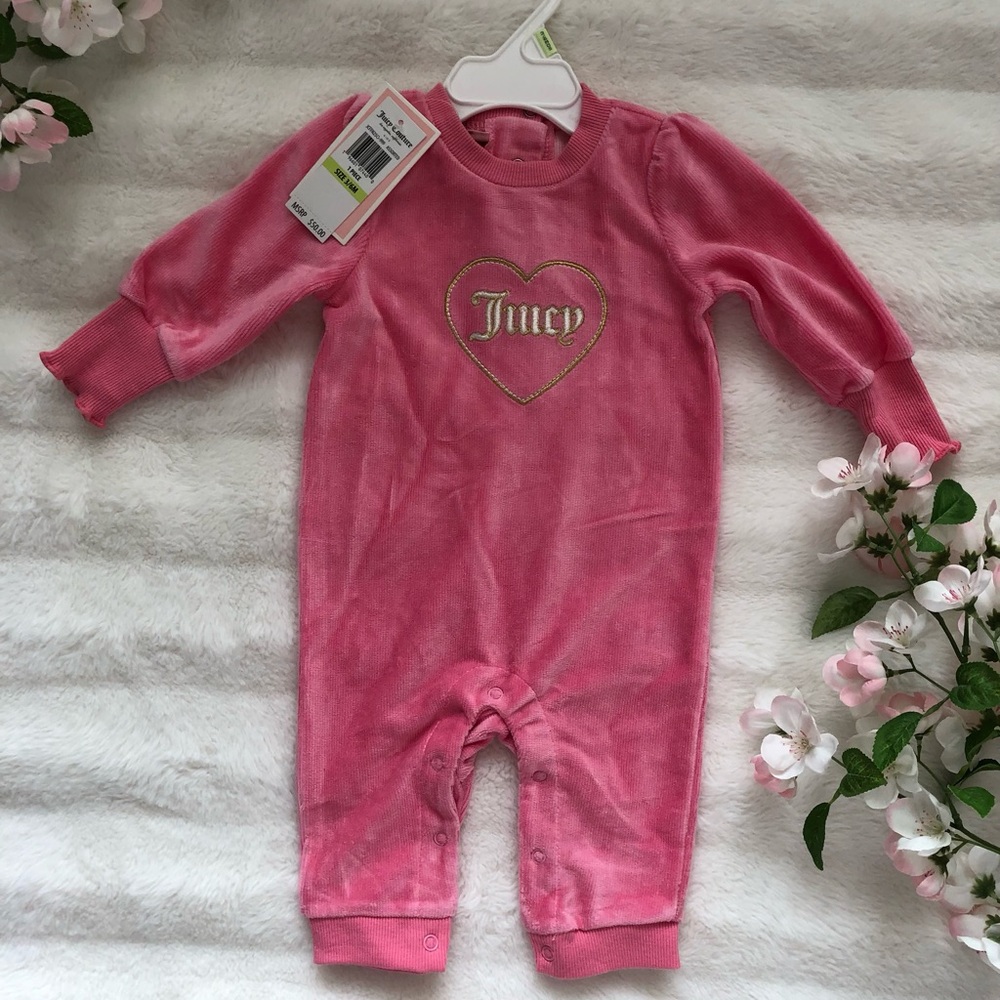 Juicy Couture Hot Pink Velour Heart Logo Romper, Size 3-6 Months